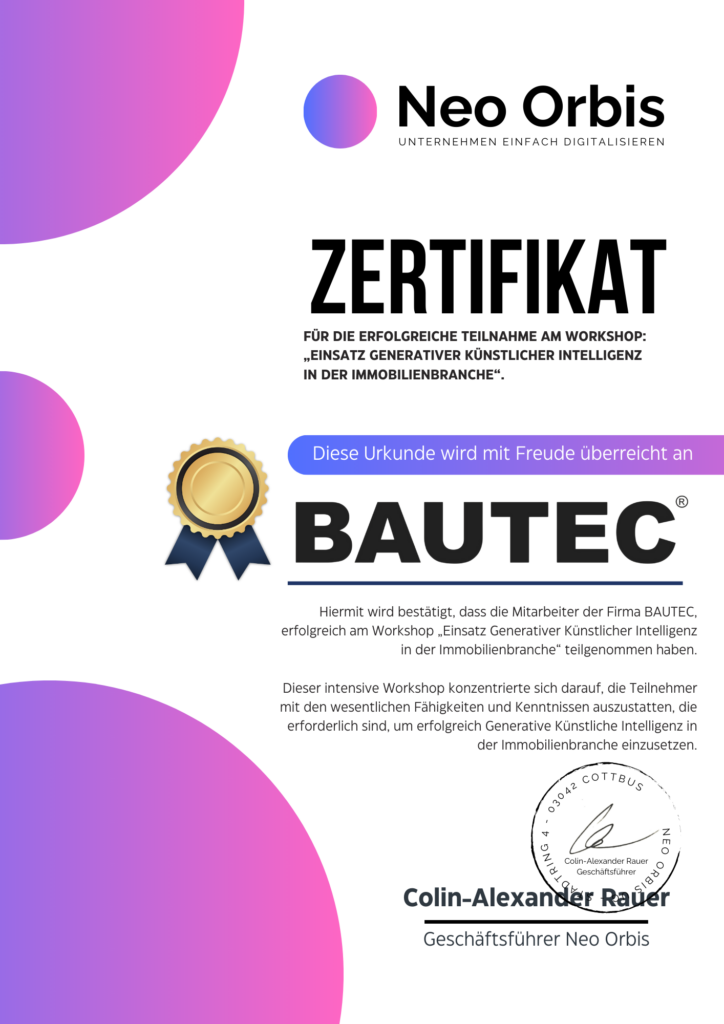 Zertifikat AI BAUTEC Neo Orbis KI Schulung